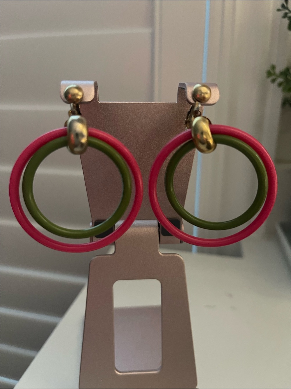 Bold Pink and Olive Double Hoop Clip-on Earrings - Women Jewelry